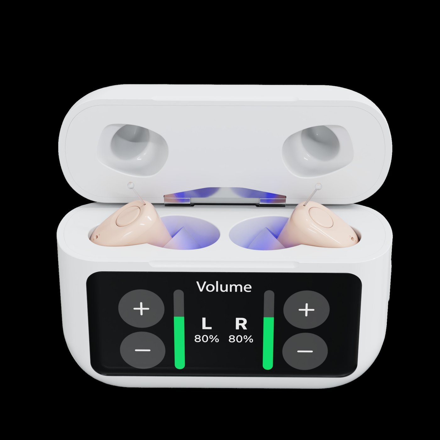 Audien Atom 2 charging case touchscreen showing independent left and right volume control