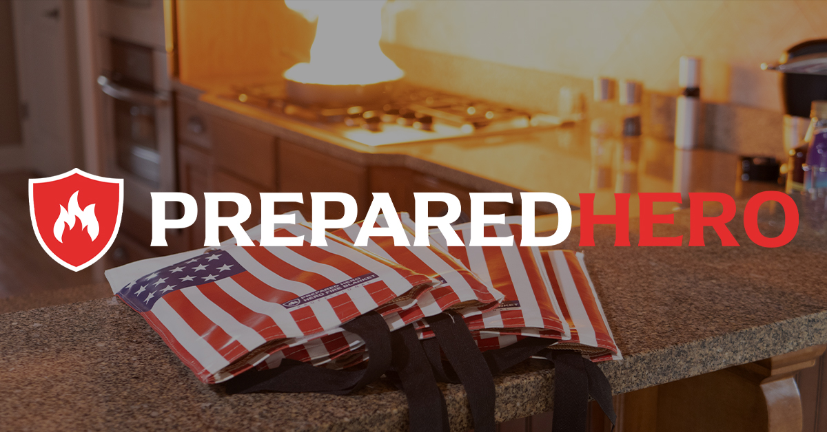 Prepared Hero Fire Blanket folded on a kitchen counter